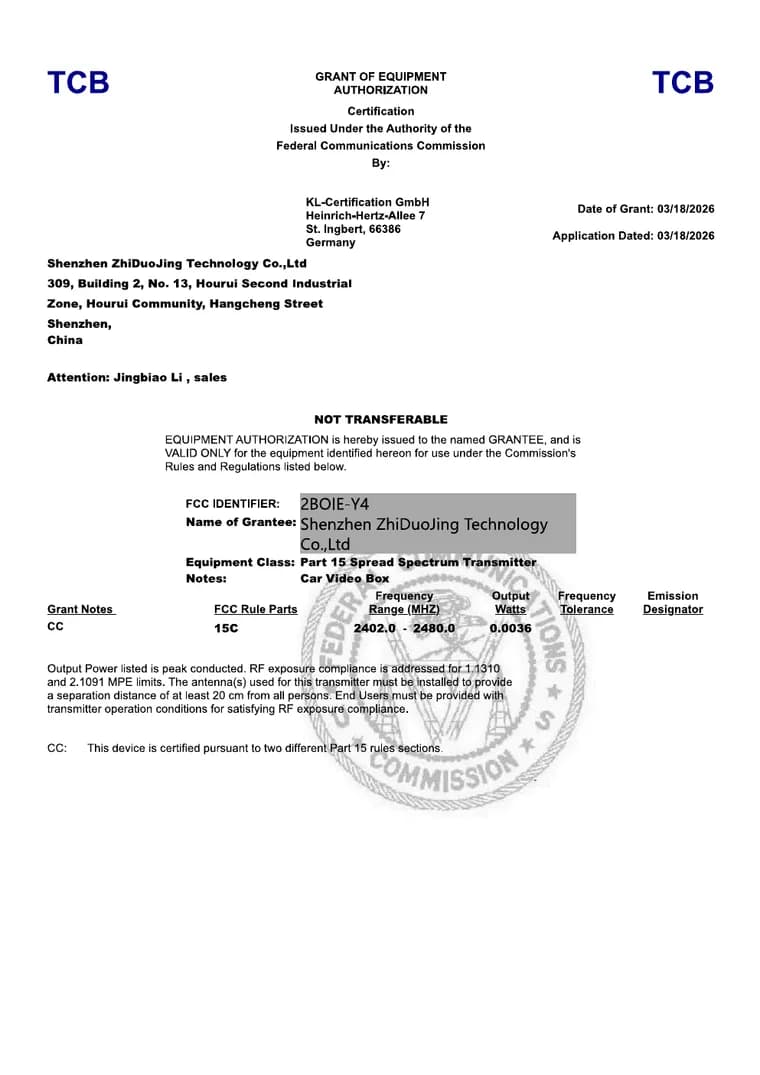 FCC equipment authorization grant for the Y4 car video box