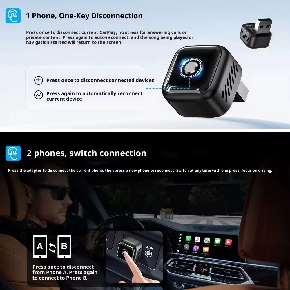 B12 direct-plug wireless CarPlay and Android Auto adapter showing its one-key switching function