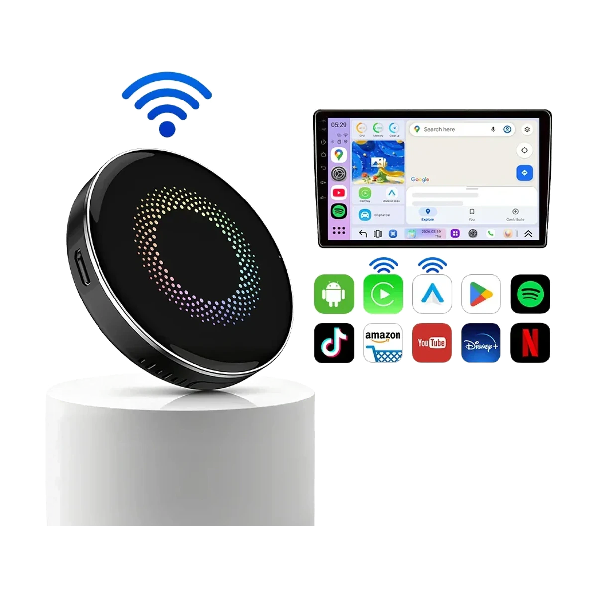GT8H3 round perforated-top Android 15 CarPlay AI Box in the authorized marketplace overview composition
