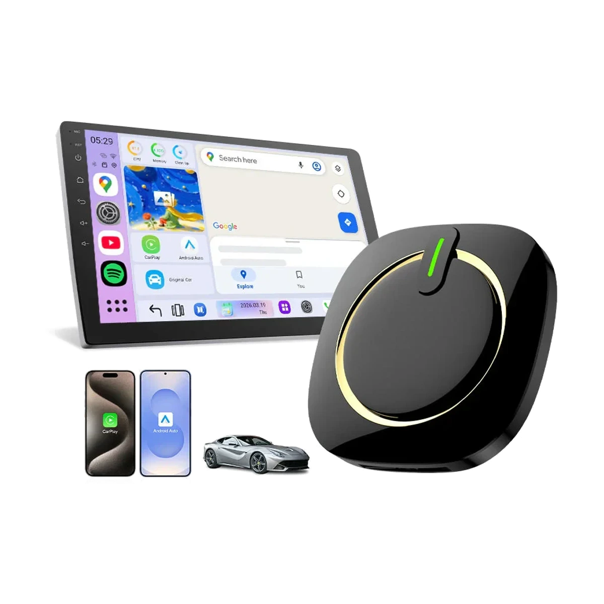 GT8S Android 15 CarPlay AI Box in the authorized marketplace overview composition